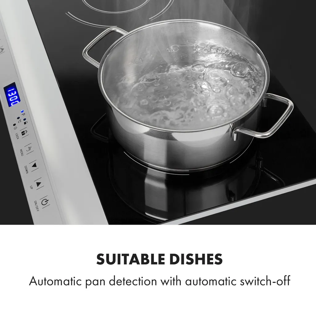 Klarstein Cucinata Mobile Kochplatte, Doppel-Induktionskochfeld, 3100W, Touch Control, Topfsensor, Abschalttimer, 10 Stufen, Überhitzungsschutz, Kindersicherung, Glaskeramik, Silber – Bild 5