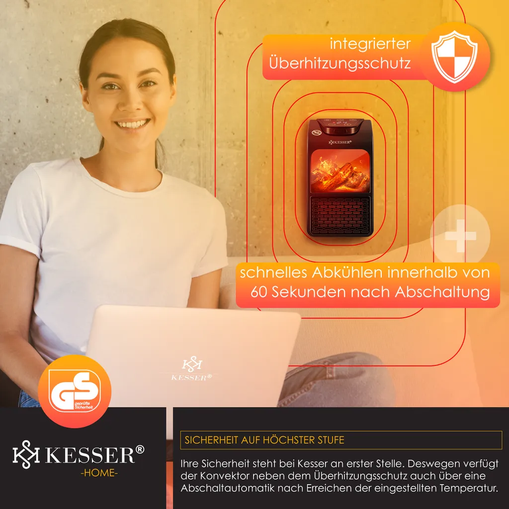 KESSER® Steckdosen Heizlüfter Energiesparend Mini Mit Kaminfeuereffekt Fernbedienung LCD Display Keramik Heizung Mit Thermostat 400W - Temperaturregelung Timer Büro Badezimmer Schlafzimmer, Farbe:Schwarz – Bild 5
