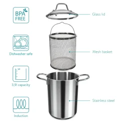 Navaris Spargeltopf Kochtopf Nudeltopf 3,9l - Topf Zum Kochen Von Spargel Oder Spaghetti - Aus Edelstahl Mit Siebeinsatz - BPA-frei Spülmaschinenfest