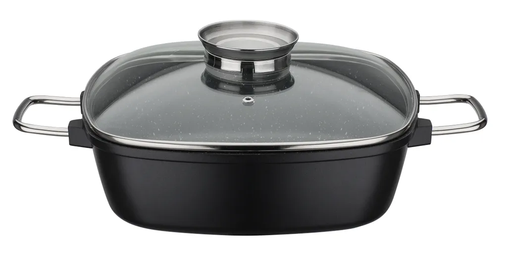 GSW Viereckbräter Gourmet GRANIT 28 X 28 X 8,5 Cm , Aluminium, Edelstahl, Glas, Viereckbräter Mit Aroma-Glasdeckel ø Ca. 28 X 28 X H 8,5cm