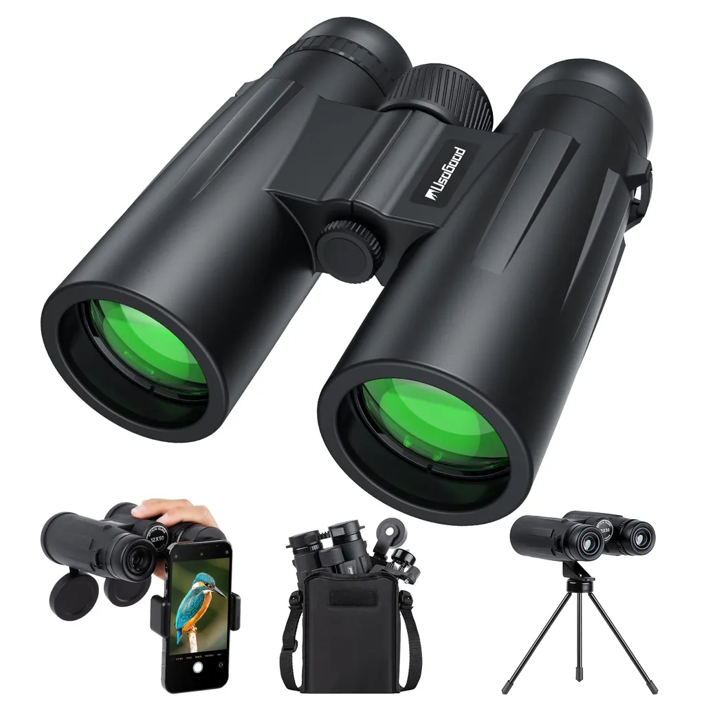 Usogood 12x50 Fernglas Erwachsene Wasserdicht, HD Kompakte Binoculars Ferngläser Mit Stativ Und Telefonadapter, Für Die Vogelbeobachtung, Jagd, Wandern, Geschenke, 12X Zoom, 1000m Sichtfeld