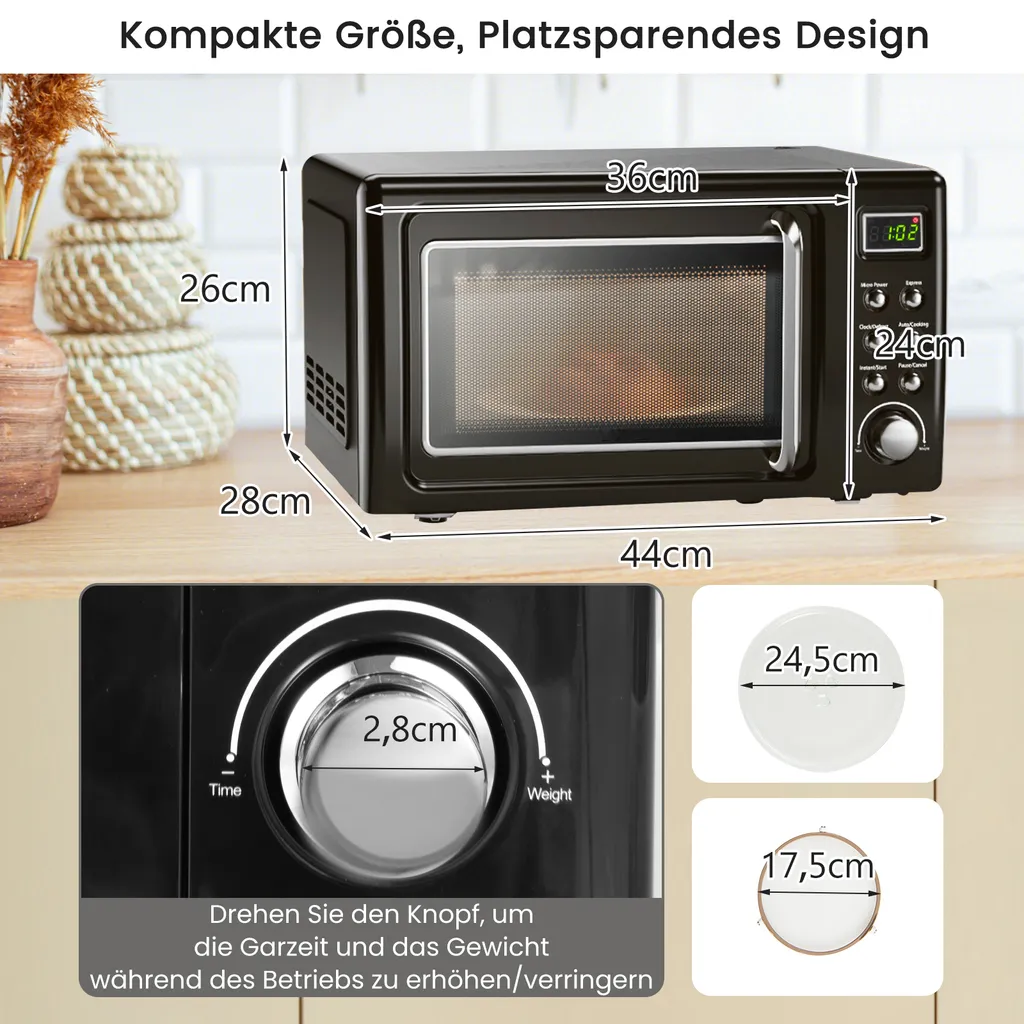 COSTWAY Mikrowelle 20L, 700 W Mikrowellenofen, Mit 8 Automatischen Programme, 5 Leistungsstufen, LED-Anzeige, Verzögerter Start, Retro, Schwarz – Bild 7