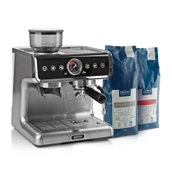 Maxxworld BEEM ESPRESSO-GRIND-PROFESSION Espresso-Siebträgermaschine Mit Mahlwerk + 1x ESPRESSO PERFETTO Ganze Bohne + 1x CAFÉ CREMA Ganze Bohne Espressomaschine Siebträger Maschine Barista Edelstahl Mit Mahlwerk Inkl Kaffee