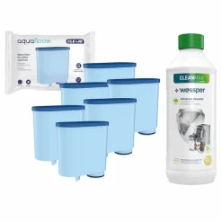 Set Für Espressomaschinen: 6x AquaFloow Cleani Wasserfilterpatrone Für Saeco/Philips Espressomaschinen + Wessper CleanMax Green 500ml Entkalker