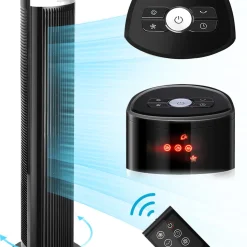 Aigostar Turmventilator, Leise Mit Fernbedienung, 35W, 60° Oszillierend, 3 Geschwindigkeitsstufen, 7 Stunden Timer, Säulenventilator Mit Speicher Funktion, 103cm Standventilator Tower Fan, Schwarz