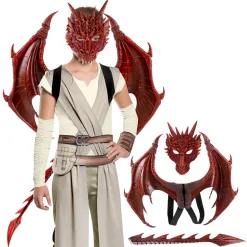 Baikuan Halloween Deko Kinder Karneval Karneval Party Kostüm, Kinder Drache Dress Up Set, Halloween Kostüm, Rot Set：Drachen Maske + Flügel + Schwanz