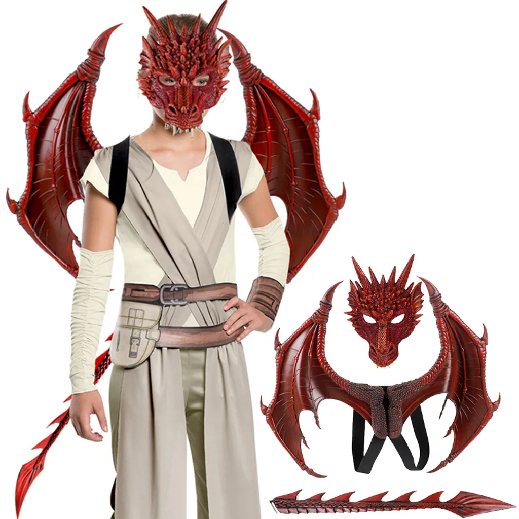 Baikuan Halloween Deko Kinder Karneval Karneval Party Kostüm, Kinder Drache Dress Up Set, Halloween Kostüm, Rot Set:Drachen Maske + Flügel + Schwanz