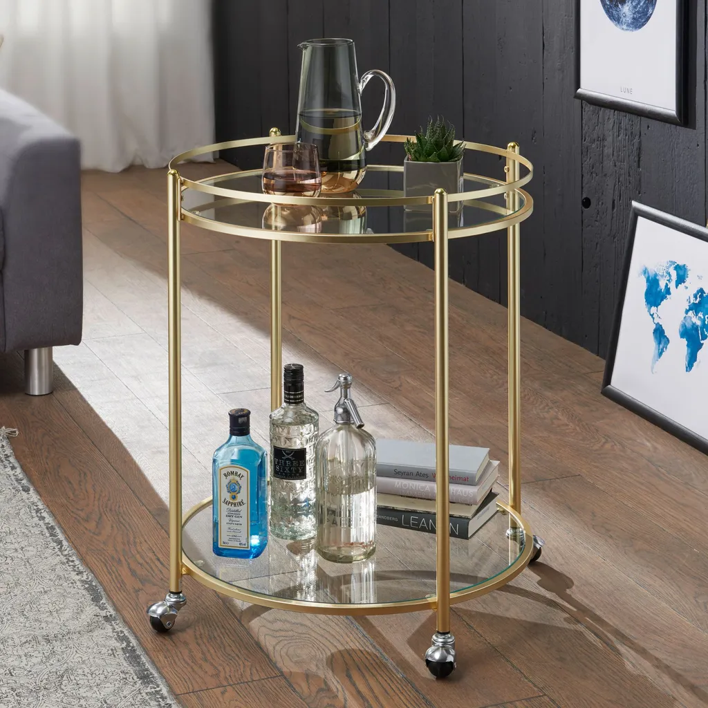 WOHNLING Design Servierwagen Gold Ø 57 Cm Beistelltisch | Teewagen Metall Mit Rollen | Küchenwagen Mit Glasplatten | Barwagen Rund 75 Cm Hoch | Küchentrolley Modern | Rollwagen