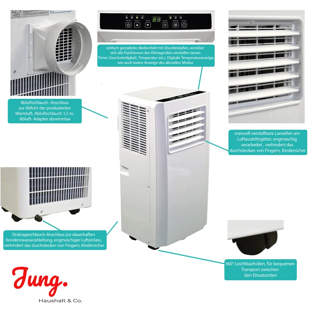 JUNG AIR TV05 Mobiles Klimagerät Mit Fernbedienung + Abluft-Schlauch - 3,2 KW/11000 BTU - STROMSPAREND, GERÄUSCHARM -100m³ Raum Kühlung, Klimaanlage Mobil Leise, Weiß – Bild 2