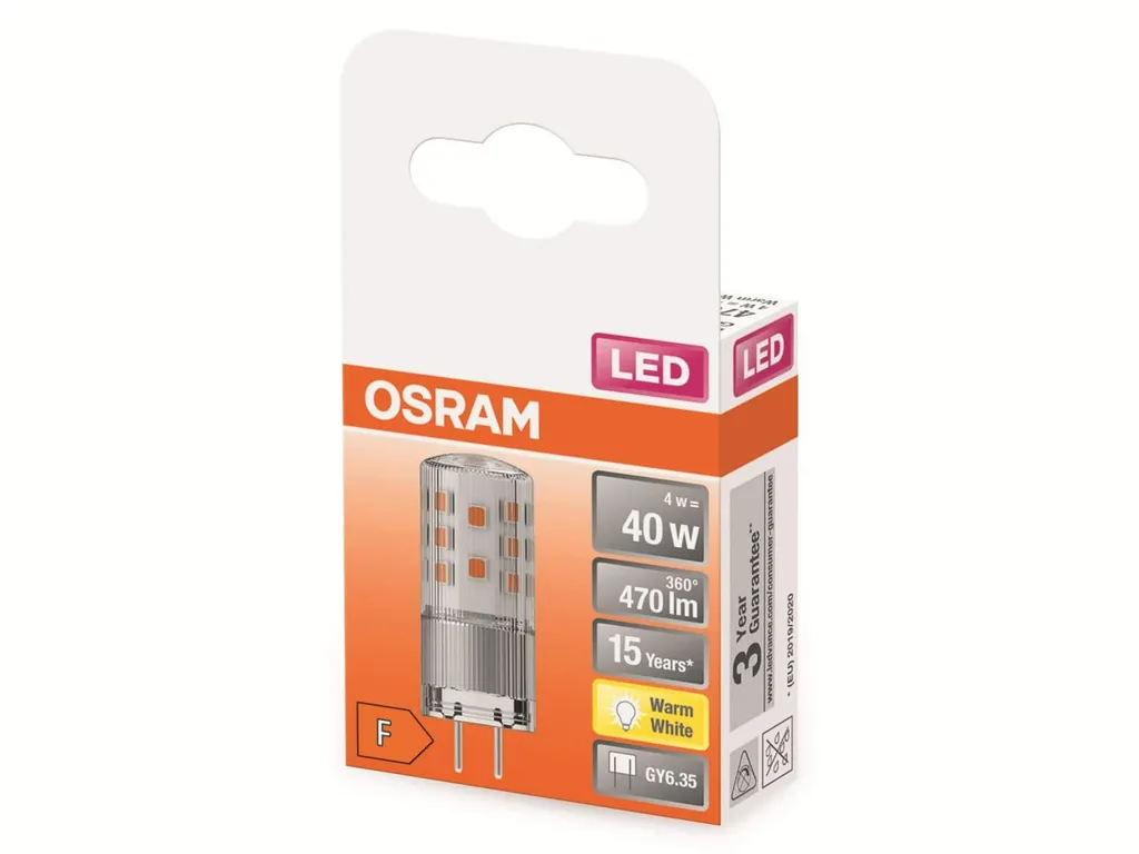 Osram LED Leuchtmittel Stiftsockellampe 4W = 40W GY6,35 Klar 12V 470lm Warmweiß 2700K 320° – Bild 4