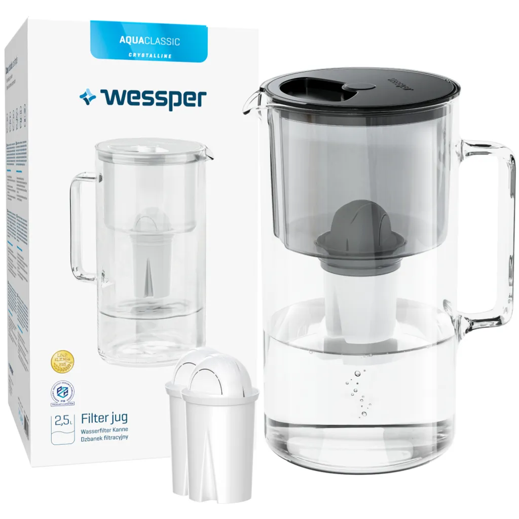 Wessper AquaClassic Set: Kristalline Glaskanne 2.5L In Schwarz + 2x Wasserfilterpatrone