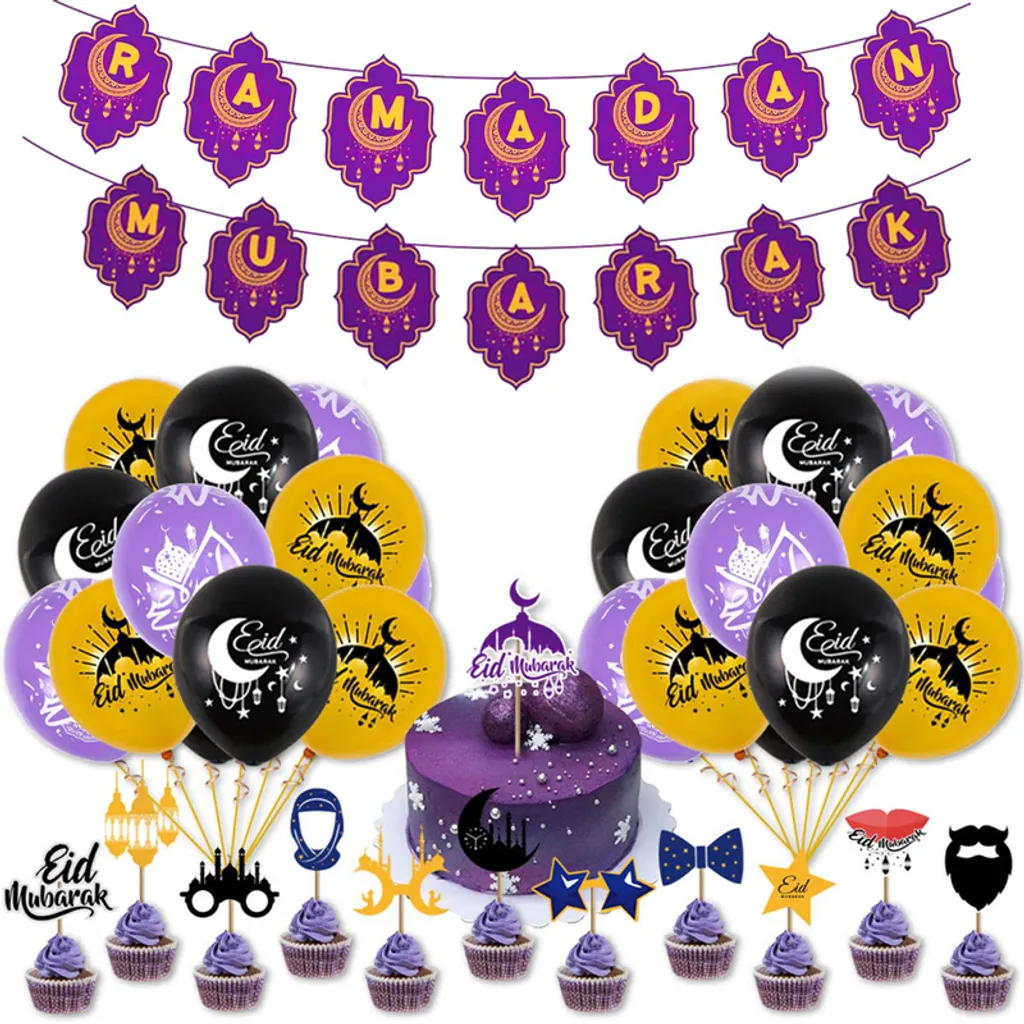 Jesunfuzhu Ramadan Mubarak Party Luftballons Hängende Set Ornamente Eid Mubarak Banner Für Zuhause Muslimischen Ramadan Dekoration (Lila)