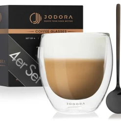 JODORA Design Cappuccino Gläser Doppelwandig - {4 X 250ml} - Kaffeegläser Doppelwandig Spülmaschinenfest - Cappuccino Tassen Mit 4 Stilvollen Löffeln