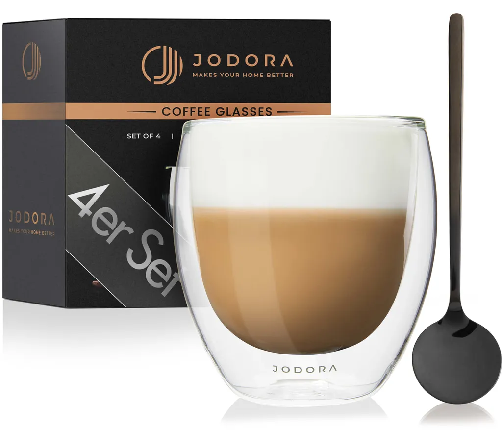 JODORA Design Cappuccino Gläser Doppelwandig - {4 X 250ml} - Kaffeegläser Doppelwandig Spülmaschinenfest - Cappuccino Tassen Mit 4 Stilvollen Löffeln