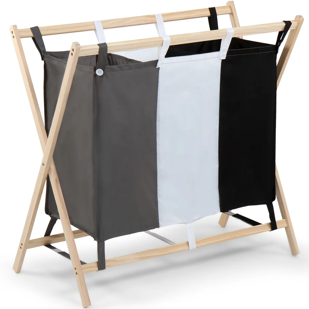Jago® Wäschesortierer - Faltbar, 3 Fächer Aus Stoff, Aus Holz, Dreifarbig, Ca. 128 L Volumen, Größe (L/B/H): 75/40/72 Cm - Wäschekorb, Wäschebox, Wäschesammler – Bild 2
