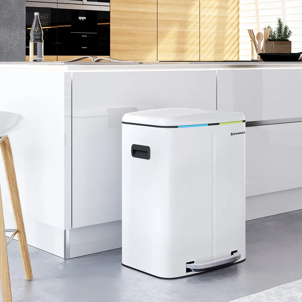 SONGMICS Mülleimer Mit 2 Fächern 40L Abfalleimer 2 X 20L Treteimer Aus Metall Mit Klappdeckel Und Griffen Softclose Luftdicht Weiß LTB40WT – Bild 7