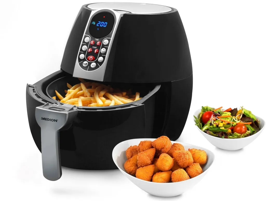 MEDION Heißluftfritteuse, Ca. 1500 Watt, Digitales Bedienfeld, Nutzinhalt Gesamt 4 Liter, Ölfreies Frittieren, 30 Min Timer, Überhitzungsschutz, MD17320 Schwarz – Bild 8