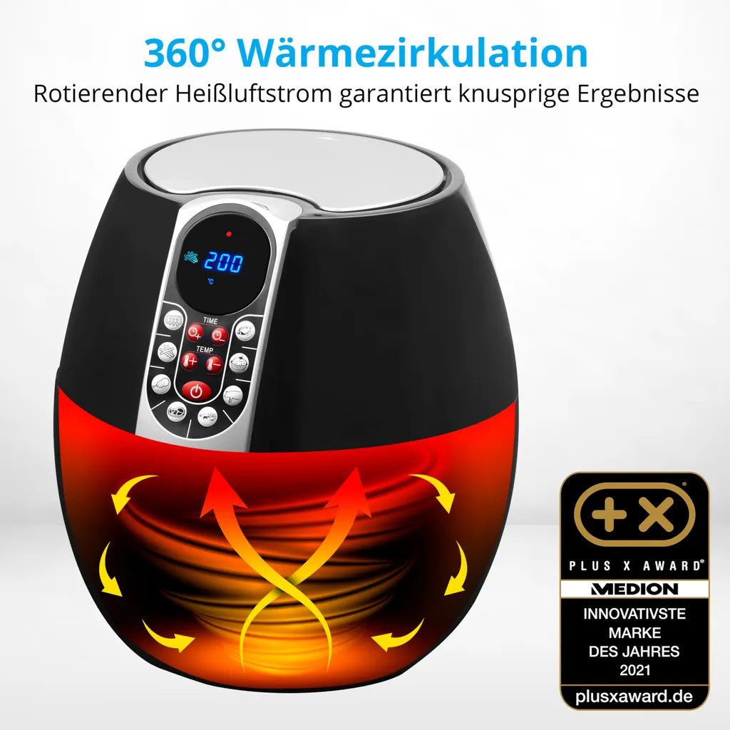 MEDION Heißluftfritteuse, Ca. 1500 Watt, Digitales Bedienfeld, Nutzinhalt Gesamt 4 Liter, Ölfreies Frittieren, 30 Min Timer, Überhitzungsschutz, MD17320 Schwarz – Bild 2