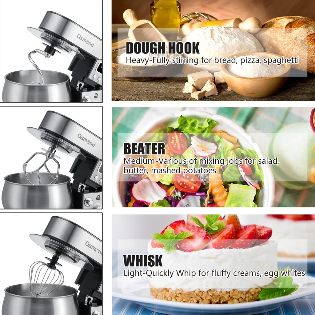 OSMOND 6Gang 5L Küchenmaschine Knetmaschine 1300W LCD StandMixer Edelstahl Rührschüssel Edelstahlschüssel Teigmaschin - Silber – Bild 9