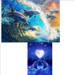 YisibaihTao 2 Pcs 5D Diamond Painting Diamant Malerei Painting Bilder, Blau Delphin Kuss Meer Mond Tiere Full Set Groß DIY Diamant Gemälde Malen Nach Zahlen 40X30Cm