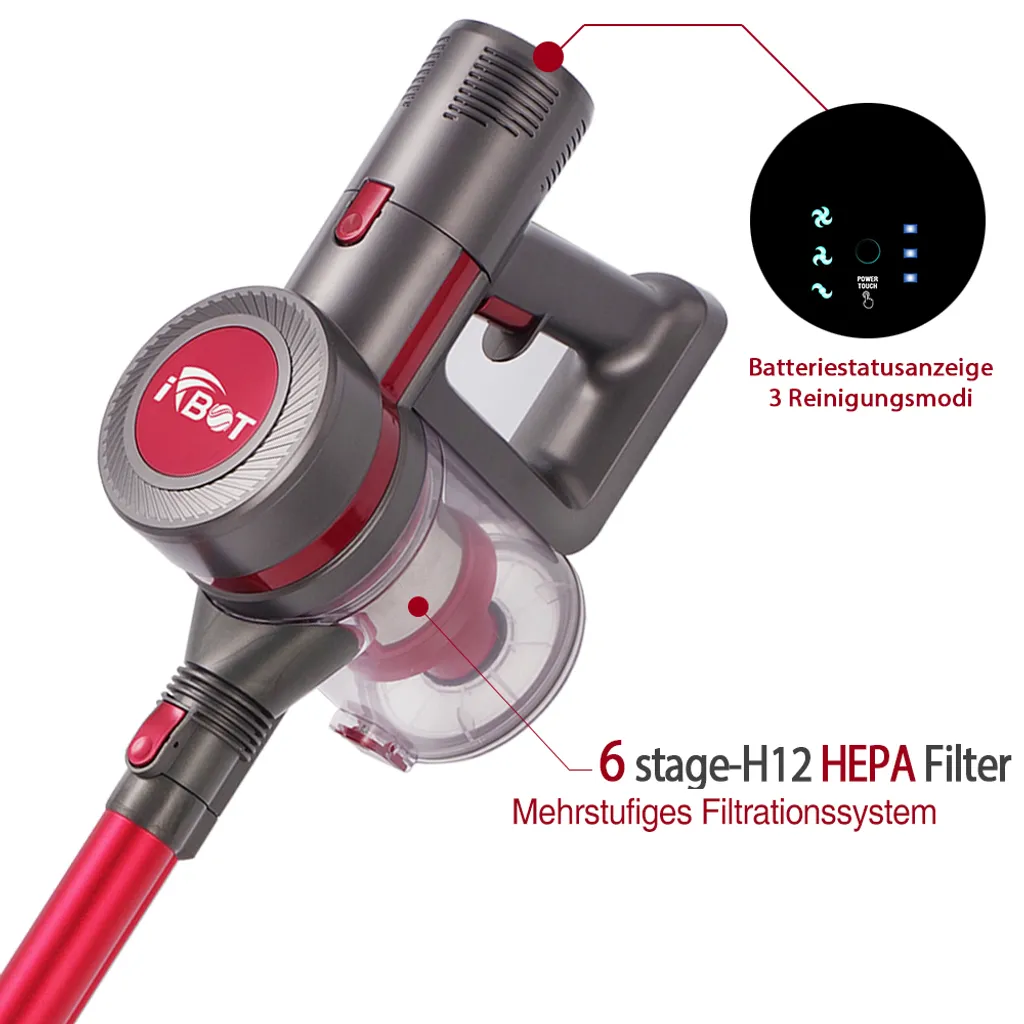 IFBOT 4 In 1 Akku Staubsauger I201 Kabellos Handstaubsauger, Bürstenlos Motor Mit HEPA Filter, 20KPa, 250W, Beutellos, 0,8L, 35min, Touchscreen, LED Elektrobürste, 1,8kg Leicht, 3 Reinigungssprogramme Perfekt Für Hartboden Teppich – Bild 3