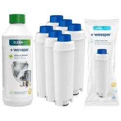 Wessper Set: 6x Wessper AquaLunga Wasserfilterpatrone Für DeLonghi Kaffeemaschinen (Ersatz SER3017 DLS C002) + Wessper CleanMax 500ml Entkalker