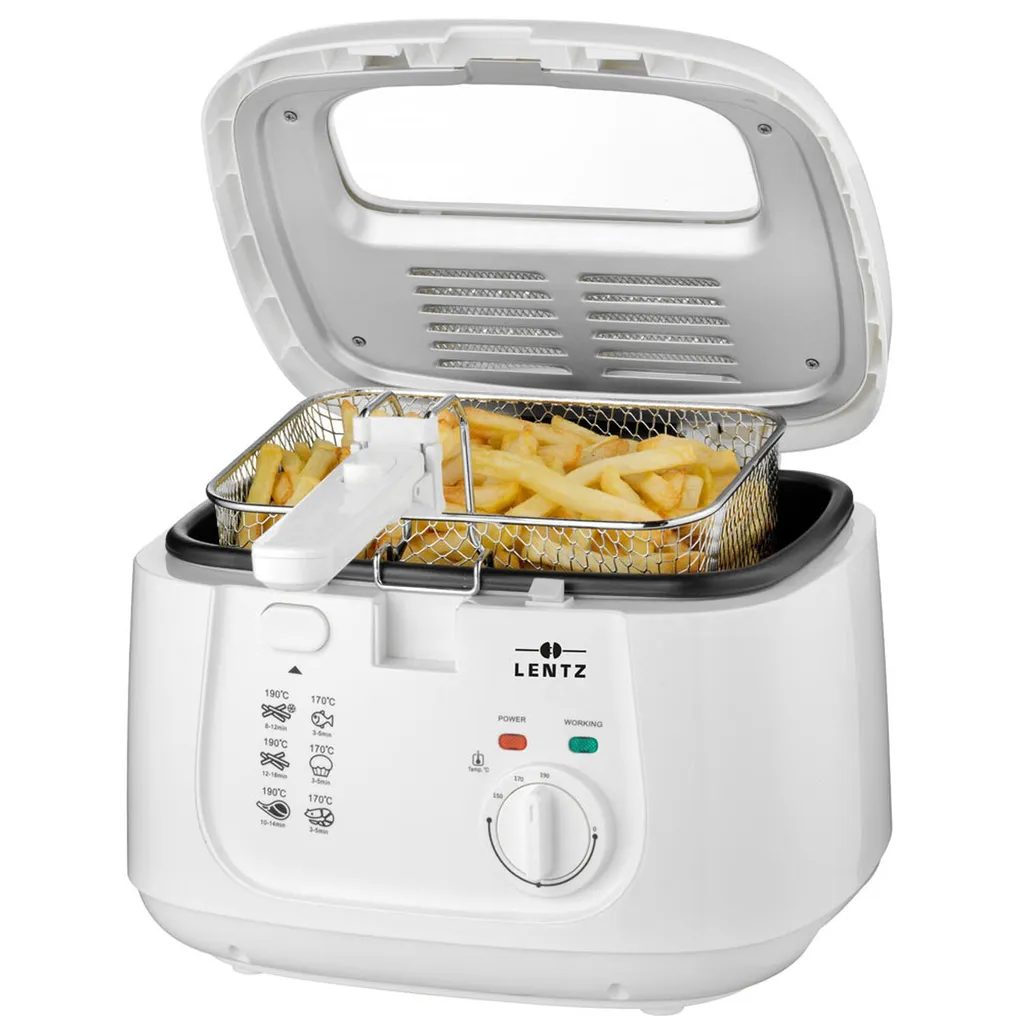 Lentz Fritteuse Mit 2,5 Liter | Temperatur Bis 190°C Stufenlos Einstellbar | Öl-Füllmenge: Max. 2,5 L | Deckel Mit Sichtfenster | Geruchs-Filter | Cool Touch | Fritöse Friteuse Weiß