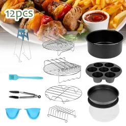 EINFEBEN Heißluftfritteuse Zubehör 7 Zoll 12tlg. Fritteuse Set Inkl. Brotbackkorb Pizzapfanne Silikonpfanne Grillrost Spieße