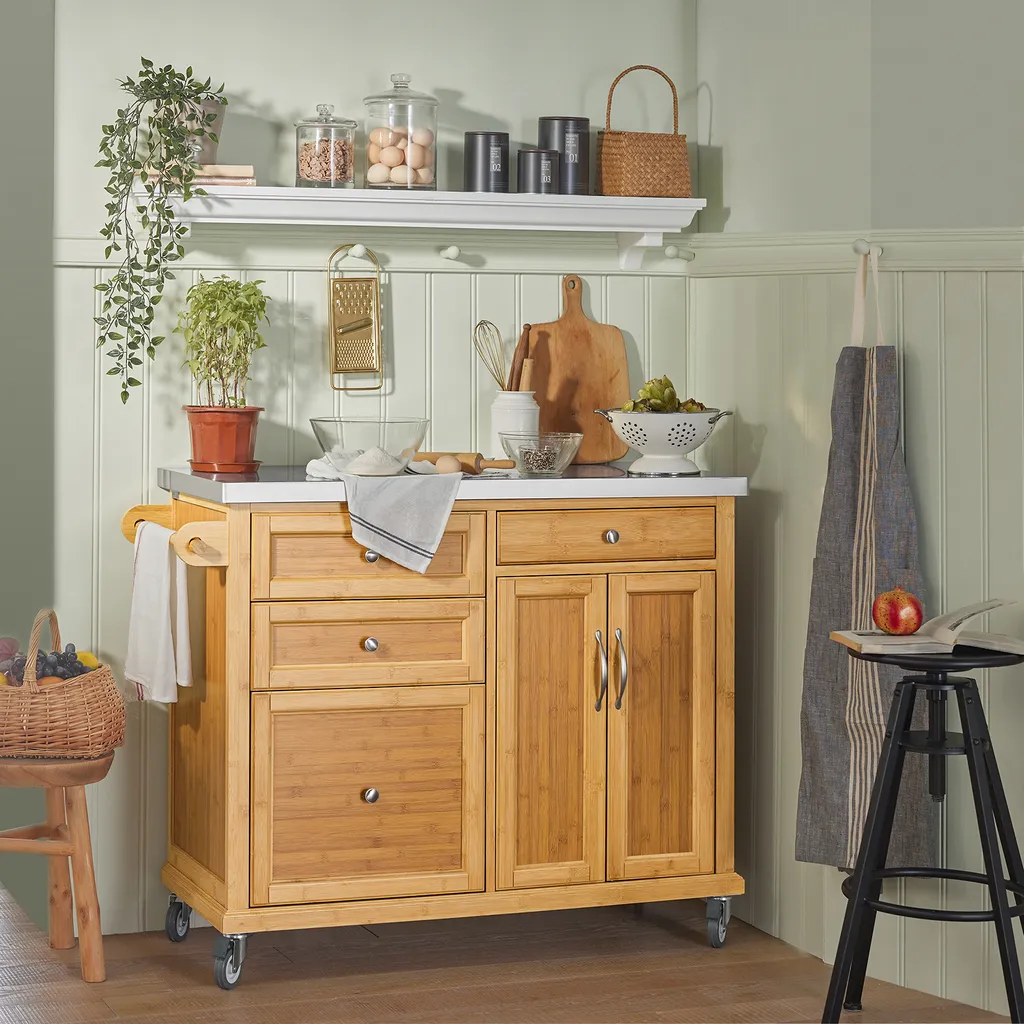 SoBuy FKW70-N Küchenwagen Servierwagen Kücheninsel Küchenschrank Aus Bambus Mit Edelstahlarbeitsplatte BHT Ca.: 115x92x46cm – Bild 3