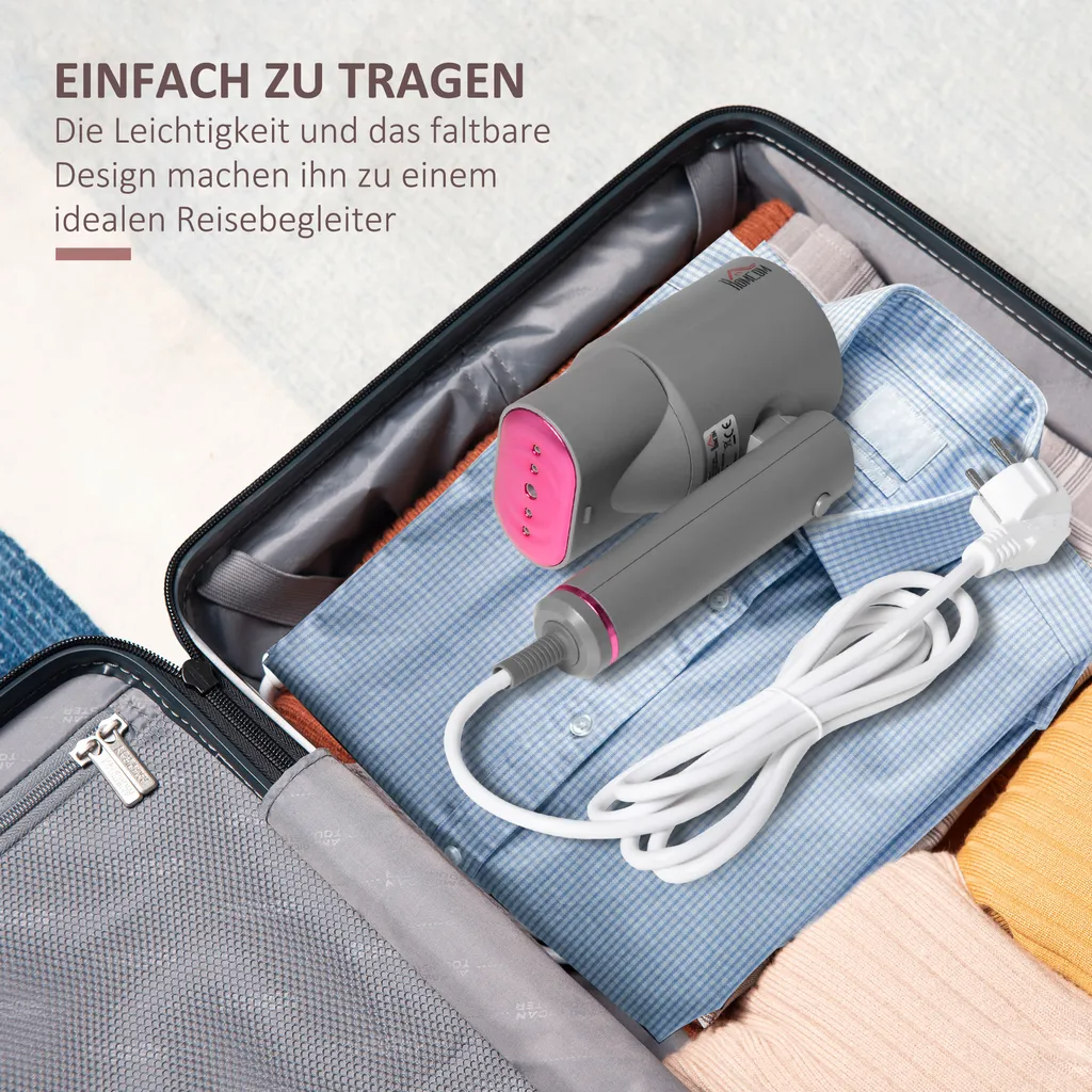 HOMCOM Dampfglätter Dampfbürste Faltbar Kleidung Hemden Dampfbügeleisen Mit 160 Ml Wassertank 1520 W Schnelles Aufheizen Aluminium Kunststoff Grau+Rosa 27,5 X 18,2 X 9 Cm – Bild 8
