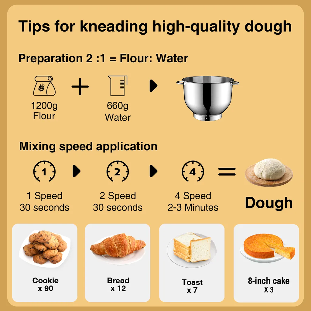 KUCCU Küchenmaschine,1500W Leistungsstarke Knetmaschine, Mit Knet-und Rührfunktion 6 Geschwindigkeiten Geräuscharme Teigknetmaschine 6,5 Liter Edelstahlschüssel Knethaken & Schneebesen Spritzschutz – Bild 6