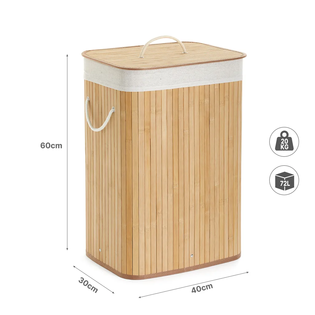 Meerveil Wäschekorb Aus Bambus, Wäschebox, Wäschesammler, Faltbar, Mit Abnehmbarem Deckel Und Waschbarem Futter, 72L, 40 X 30 X 60 Cm – Bild 3