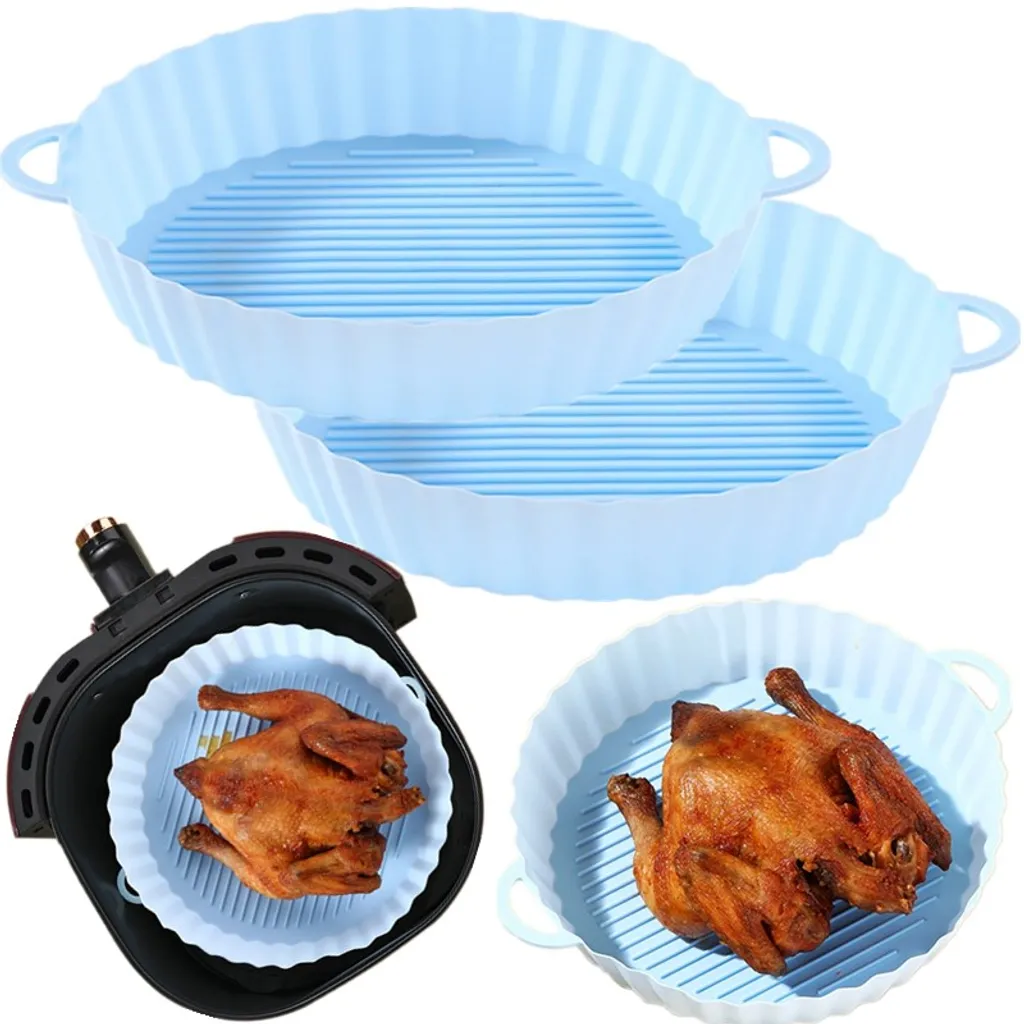 Qiangzhipow 2 Stück Air Fryer Silikon Topf Wiederverwendbar Ersatzeinlagen Korb Backofen Pad Hitzebeständige Backblech Fried Pizza Heißluftfritteuse Matte Blau 18,5*21*4cm