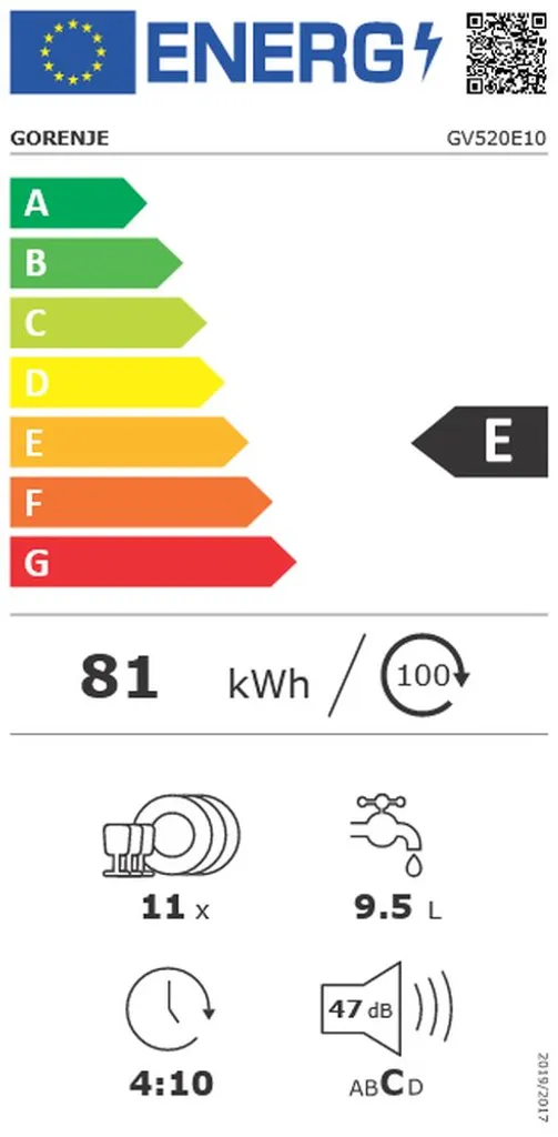 Gorenje GV 520 E 10 EB, Voll Integriert, Slimline (45 Cm), Schwarz, 11 Maßgedecke, 47 DB, Eco 45 ºC, Intensive 60 ºC, Schnell, Spülen, Standard 60 °C – Bild 5