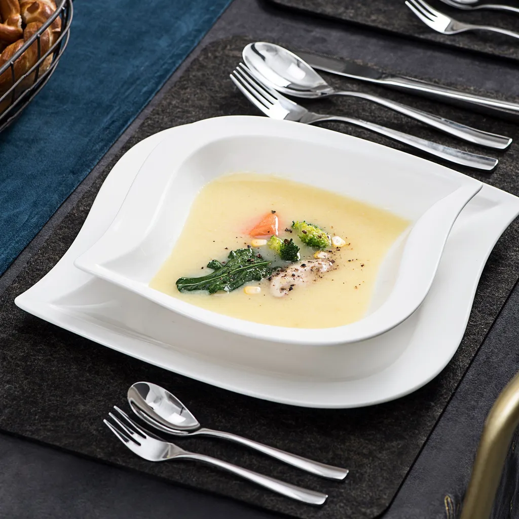 MALACASA, Serie Elvira, 60 Tlg. Cremeweiß Porzellan Geschirrset Kombiservice Tafelservice Mit Tassen, Untertassen, Dessertteller, Suppenteller Und Flachteller Für 12 Person – Bild 5