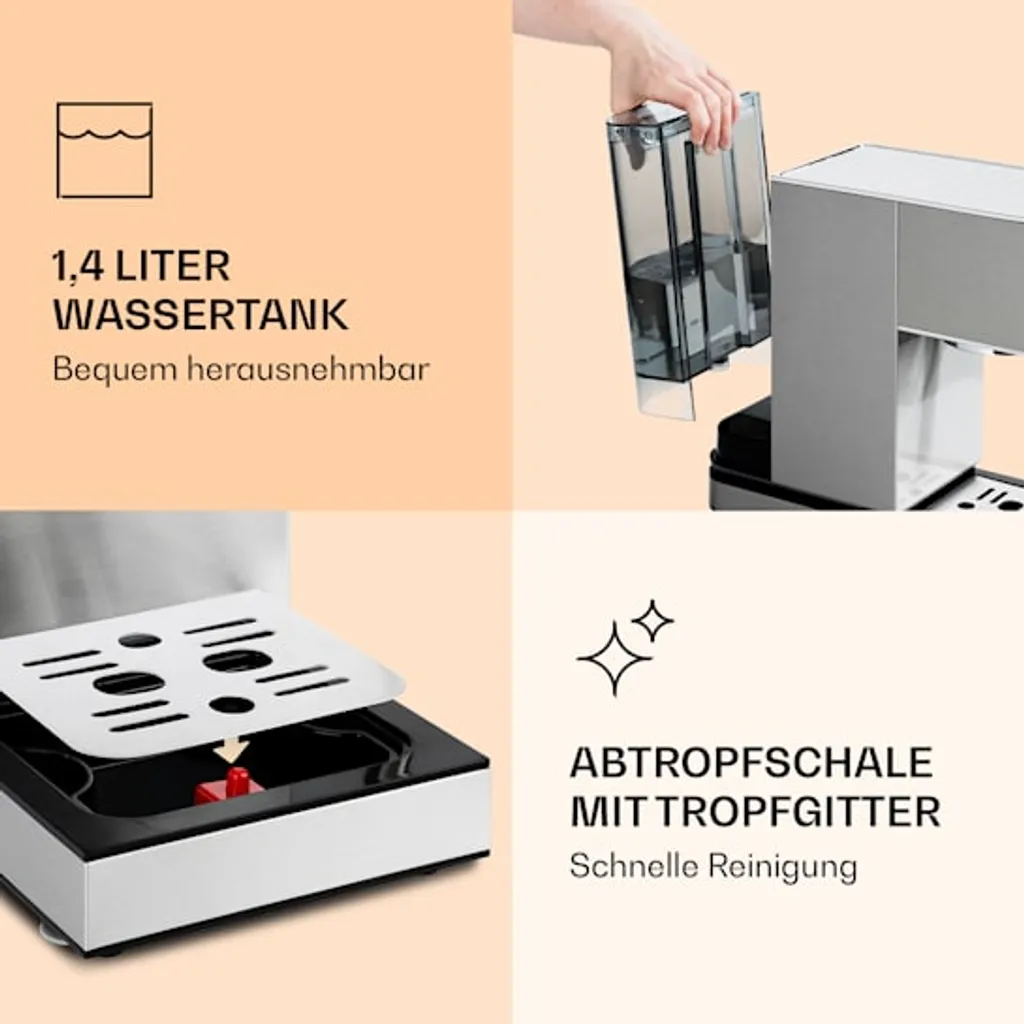Klarstein Pausa Espressomaker, Siebträgermaschine Mit 1350 Watt, Espressomaschine 20 Bar Druck, Siebträger Kaffeemaschine Mit Wassertank: 1,4 Liter Edelstahl ,silber – Bild 7