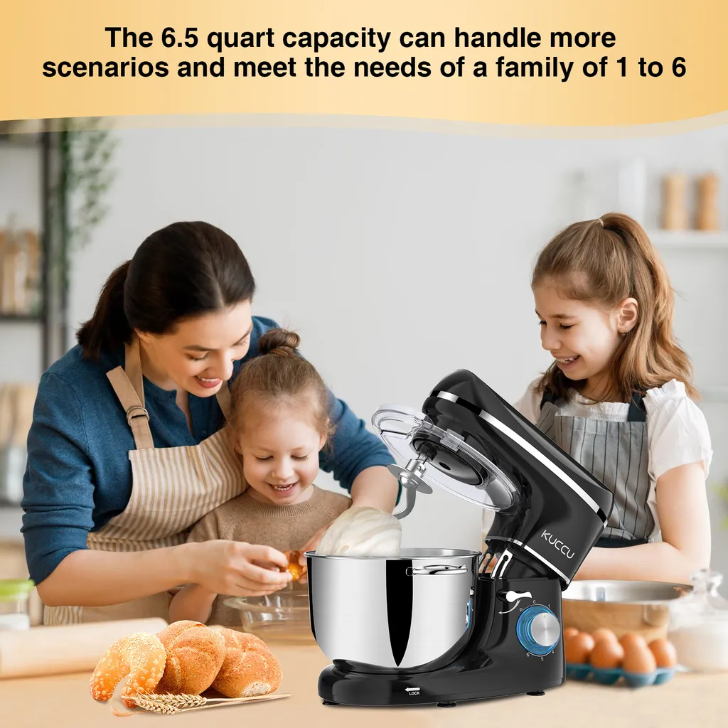 KUCCU Küchenmaschine,1500W Leistungsstarke Knetmaschine, Mit Knet-und Rührfunktion 6 Geschwindigkeiten Geräuscharme Teigknetmaschine 6,5 Liter Edelstahlschüssel Knethaken & Schneebesen Spritzschutz – Bild 5