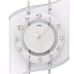 AMS 5506 Wanduhr Funk Funkwanduhr Analog Silbern Modern Geschwungen Mit Glas