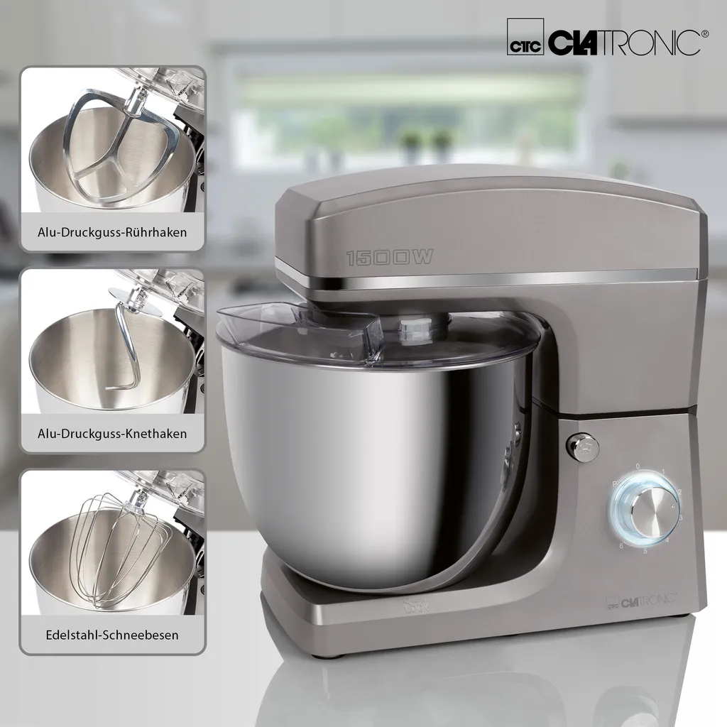 Clatronic KM 3765 Knetmaschine, 1500W, 8 Geschwindigkeitsstufen, 10 Liter- Edelstahlschüssel Für Max. 6–6,5 Kg, Spritzschutzdeckel Mit Nachfüllöffnung, Titan – Bild 2
