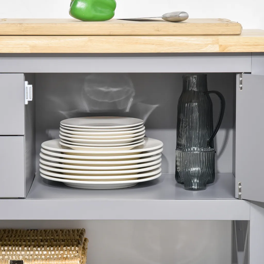 HOMCOM Küchenwagen Rollbar Servierwagen Standregal Küchentrolley Schrank Mit Schublade Bodenregal Handtuchhalter Für Küche Esszimmer Gummiholz MDF Grau+Natur 108 X 45 X 89 Cm – Bild 6