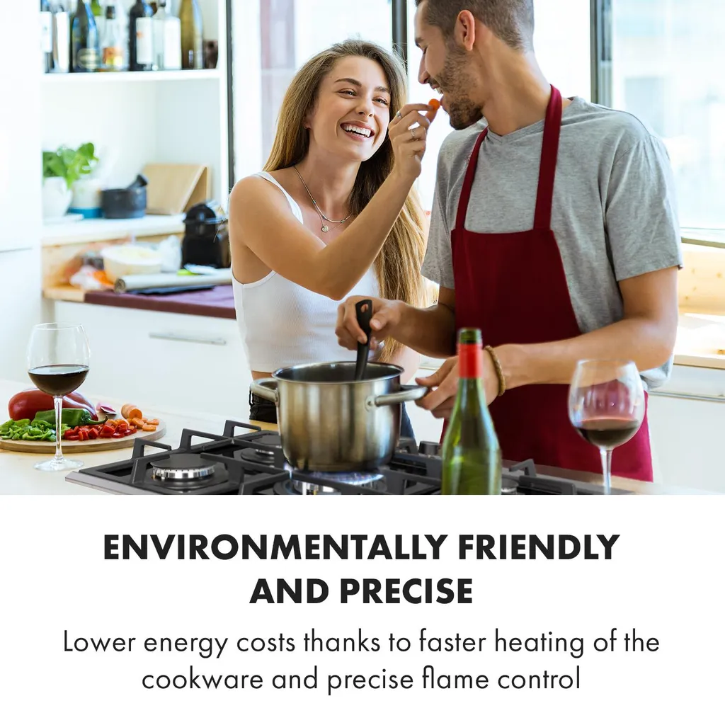 Klarstein Alchemist 5 Zonen Gaskochfeld , 5-flammig , Autark , 68 Cm , Einbau , Aluminium-Brenner , Stark-Brenner , Erdgas/Butangas , Edelstahl , Automatische Abschaltung , Topfträger Aus Gusseisen , Glaskeramik , Inkl. Schlauch Und Druckminderer , Schwarz – Bild 2