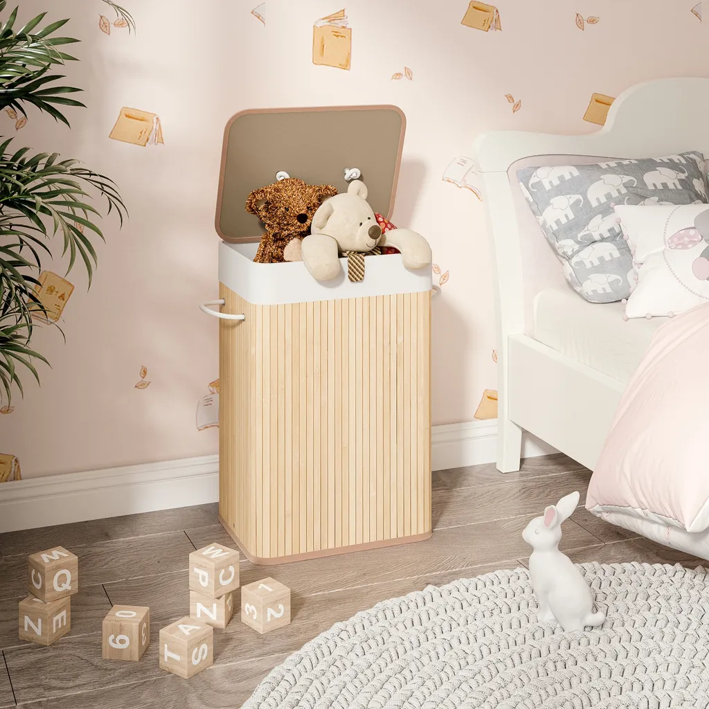 Meerveil Wäschekorb Aus Bambus, Wäschebox, Wäschesammler, Faltbar, Mit Abnehmbarem Deckel Und Waschbarem Futter, 72L, 40 X 30 X 60 Cm