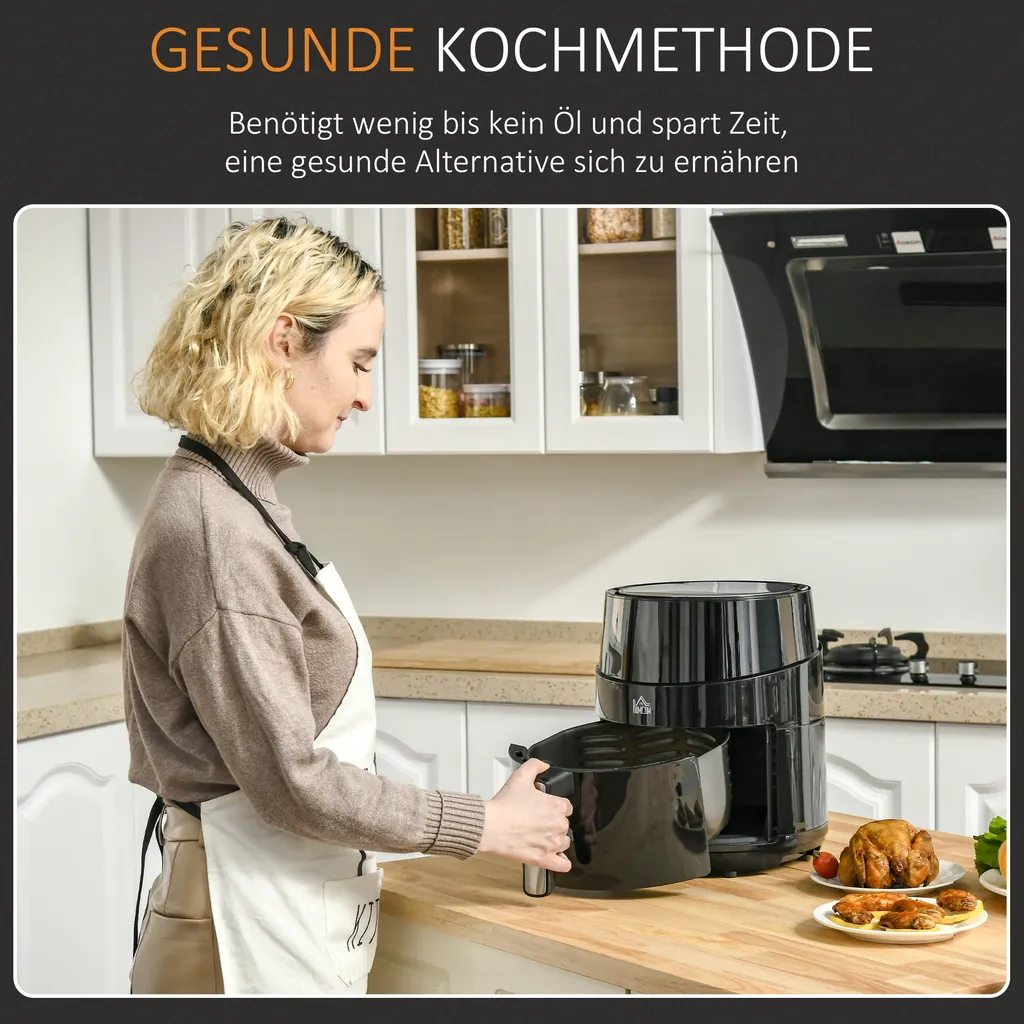 HOMCOM Heißluftfritteuse 4,5 L 1500W Mit 8 Menüs LED-Display Antihaftbeschichteter Fritterkorb Für Gesundes ölfreies Fettarmes Kochen Schwarz 28 X 35,1 X 33 Cm – Bild 6