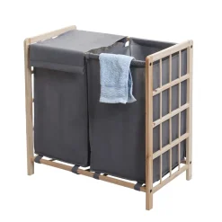 Mendler Wäschesammler HWC-B60, Laundry Wäschebox Wäschekorb, Massiv-Holz 2 Fächer 60x60x33cm 68l Hellbraun, Bezug Grau