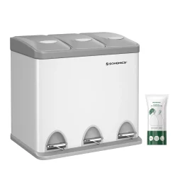 SONGMICS Mülleimer Für Die Küche, 3 X 8 Liter, Abfalleimer Aus Metall, 3-in-1 Treteimer, Mülltrennung, Mülltrennsystem, Mit 15 Müllsäcken, Einfach Zu Reinigen, Stahl, Weiß-grau LTB24WT