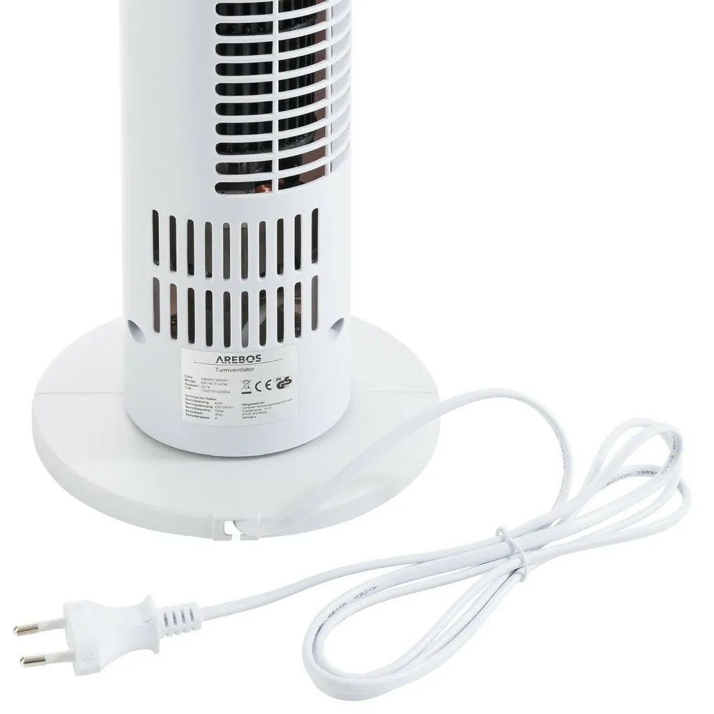 AREBOS Turmventilator Mit Timer, 40 Watt, 75°-Oszillation, Ventilator Mit 3 Geschwindigkeitsstufen, , Weiß – Bild 11