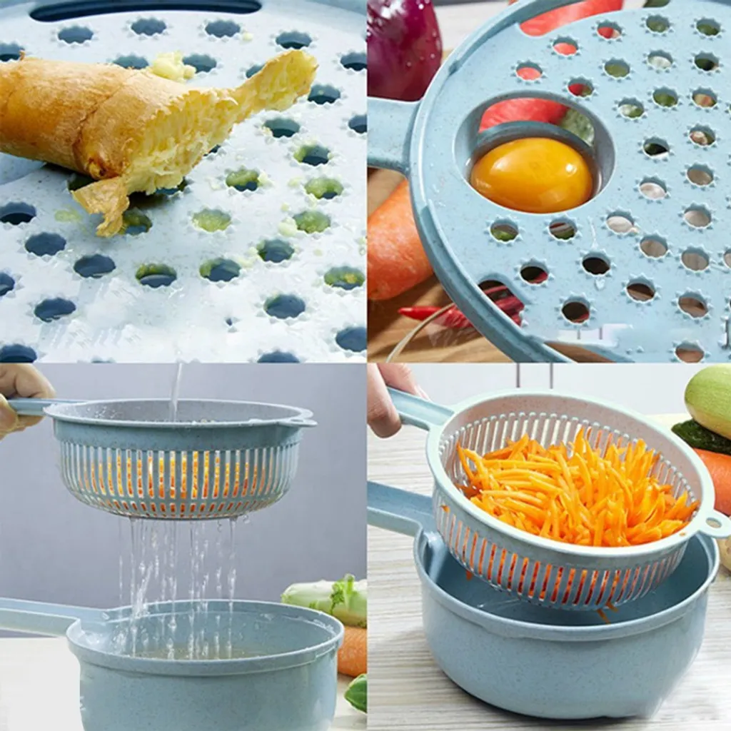 YisibaihTao 11 In 1 Küchenzubehör Mandolinenhobel Gemüsehobel Kartoffelschäler Karotte Zwiebelreibe Mit Sieb Gemüseschneider(BLAU) – Bild 3