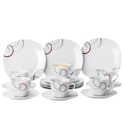 Van-Well Kaffeeservice Palazzo 18tlg. - Weiß MitNachbildung-Kreisen In Grau Und Dunkelrot - Für 6 Personen