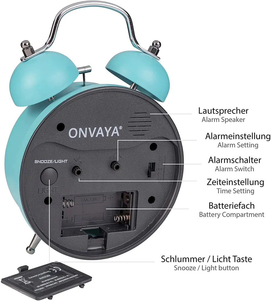 ONVAYA® Kinderwecker Analog | Türkis | Lernuhr Für Kinder | Retro Wecker Ohne Ticken | Lernwecker Mit Licht & Musik | Quarzwecker | Glockenwecker | Kinderuhr Spielzeug Für Jungen & Mädchen – Bild 4