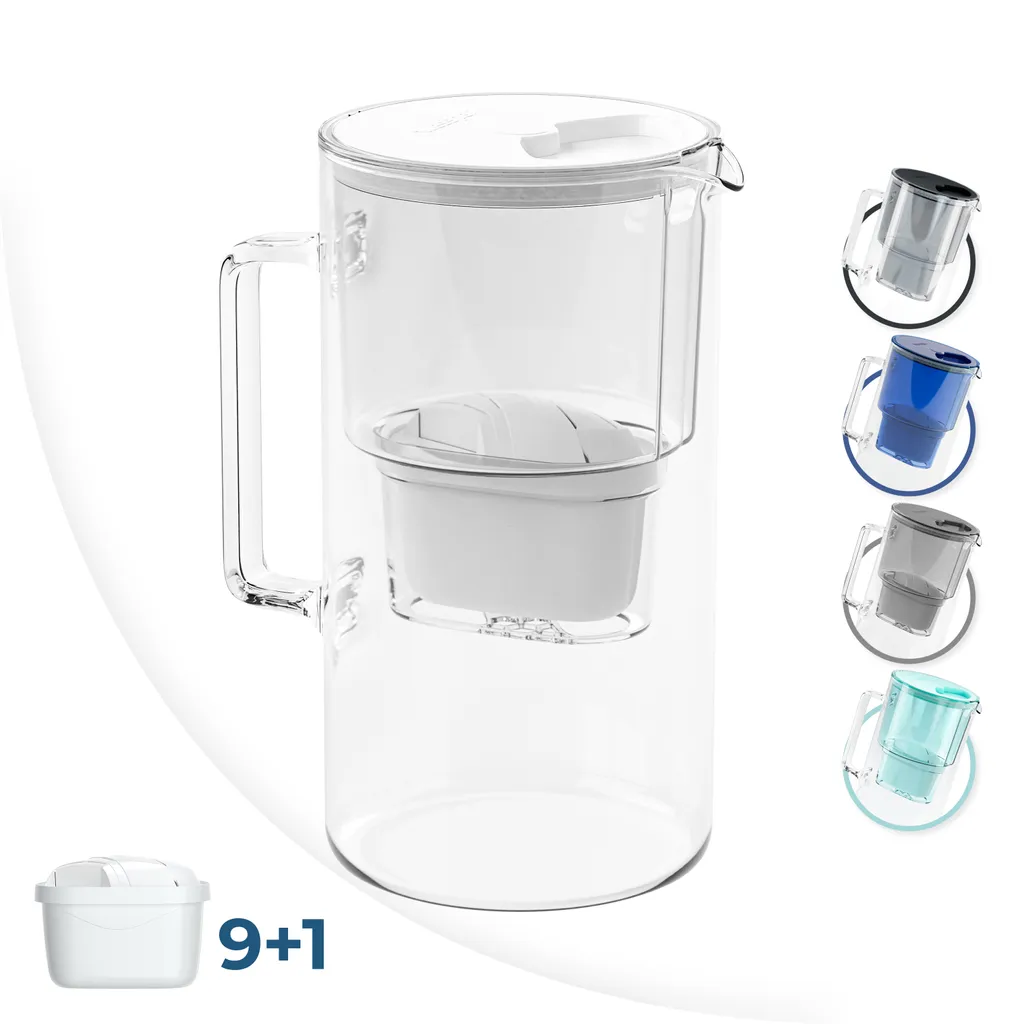 Glas Wasserfilter Wessper 2,5 L Mit 10 Filterkartuschen, Kompatibel Mit Brita Maxtra